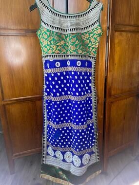 Indian Boho Maxi Dress Embroidered Blue Green Gold Floral Sleeveless Ethnic